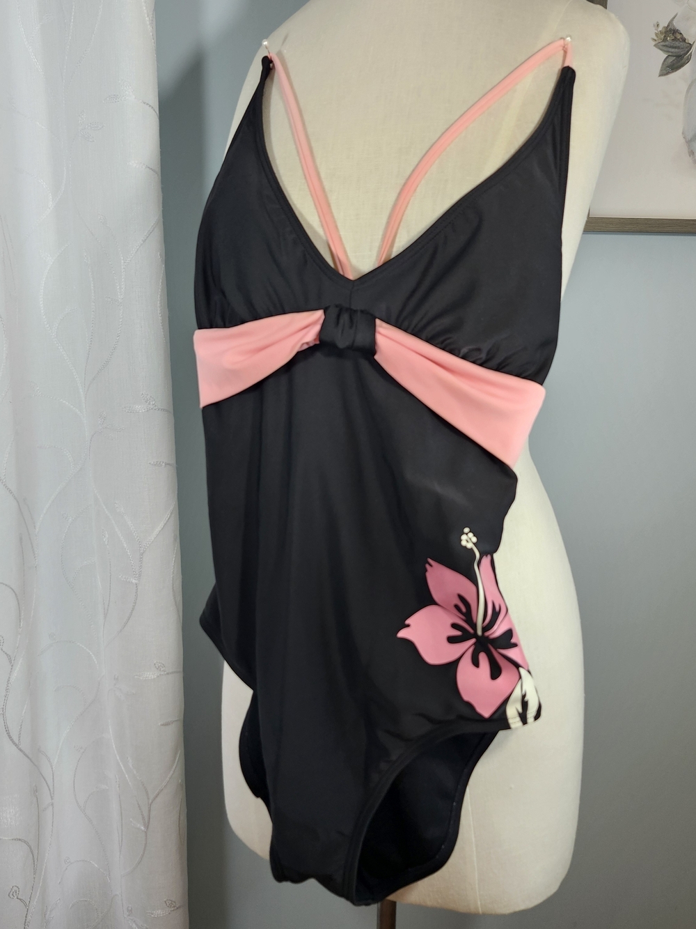 Hobie Black One-Piece Swimsuit with Pink Accents and Floral Print